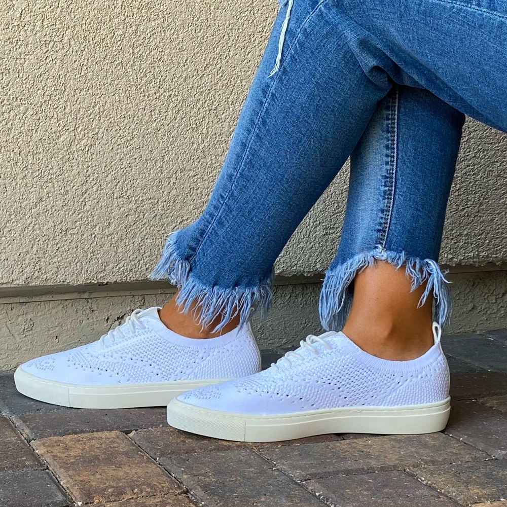 White Lace Up Brogue Fabric Knit Oxford Sneakers - Picture 3 of 16